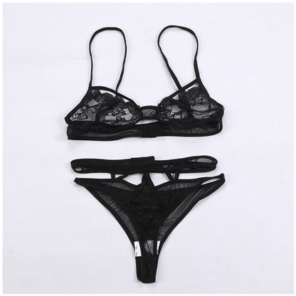 Costume deux pièces fendu haut et bas, lingerie sexy ajourée