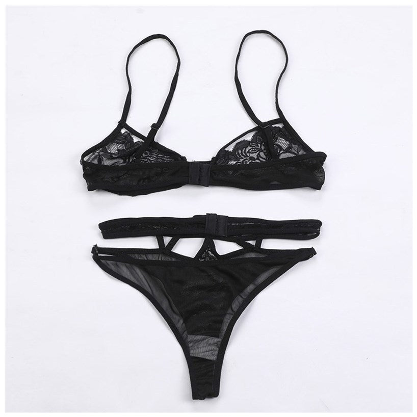 Costume deux pièces fendu haut et bas, lingerie sexy ajourée