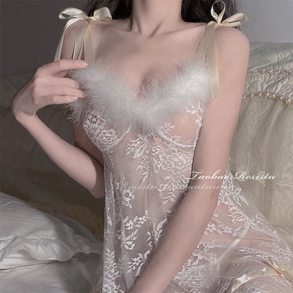 Camisón de encaje con perspectiva sexy de lencería con tirantes de felpa