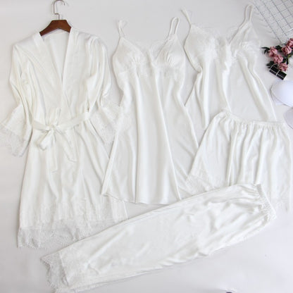 Pyjama cinq pièces pour femme, chemise de nuit sexy en dentelle avec coussinet de poitrine