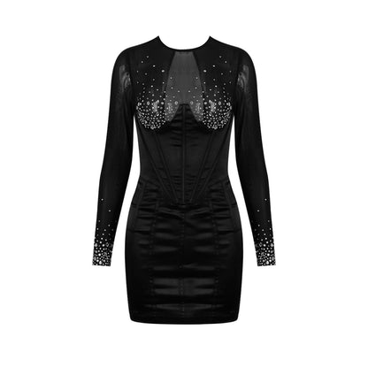 Women's Hot Rhinestone Fishbone Hot Girl Skinny Hip Skirt Black Dress