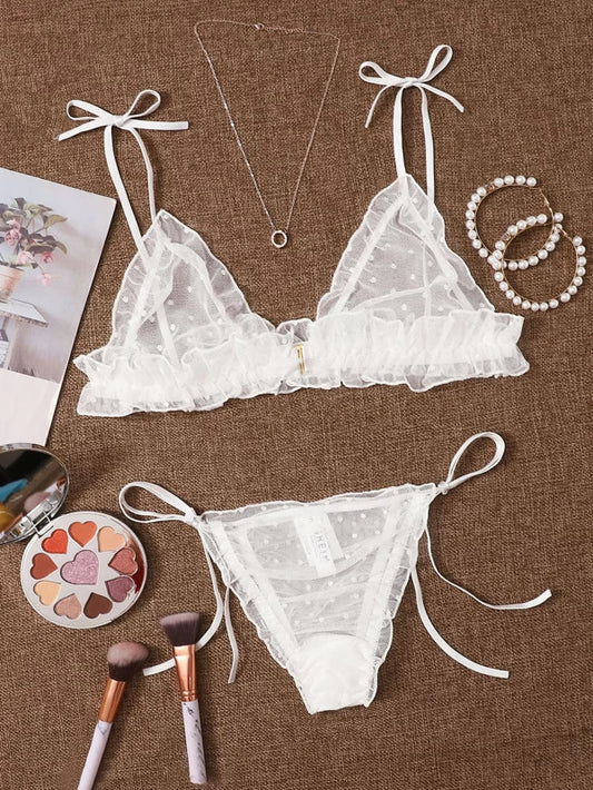Sexy Lingerie Set Women Lace Beautiful Back Criss Cross Strap Thin French Bra Wireless Bra Triangle Cup Girl
