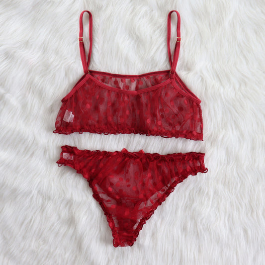 Lencería sexy con volantes transparentes de lunares y rocío