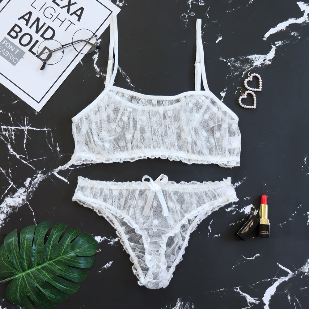 Lencería sexy con volantes transparentes de lunares y rocío