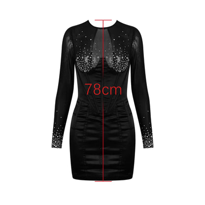 Women's Hot Rhinestone Fishbone Hot Girl Skinny Hip Skirt Black Dress