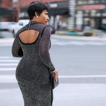 Long Sleeve Net Yarn Hot Rhinestone Dress Nightclub Dress