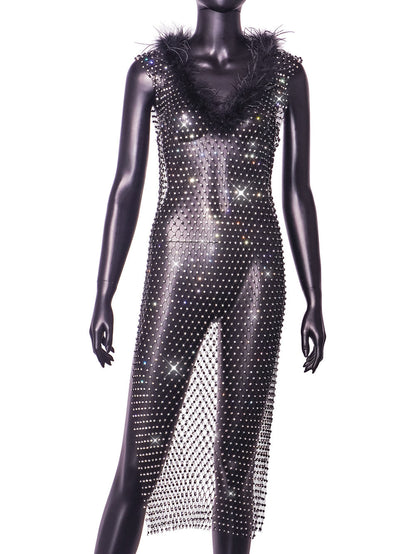 Amazon Women's Clothes Hot-selling Grid Rhinestone Fur Collar Dress