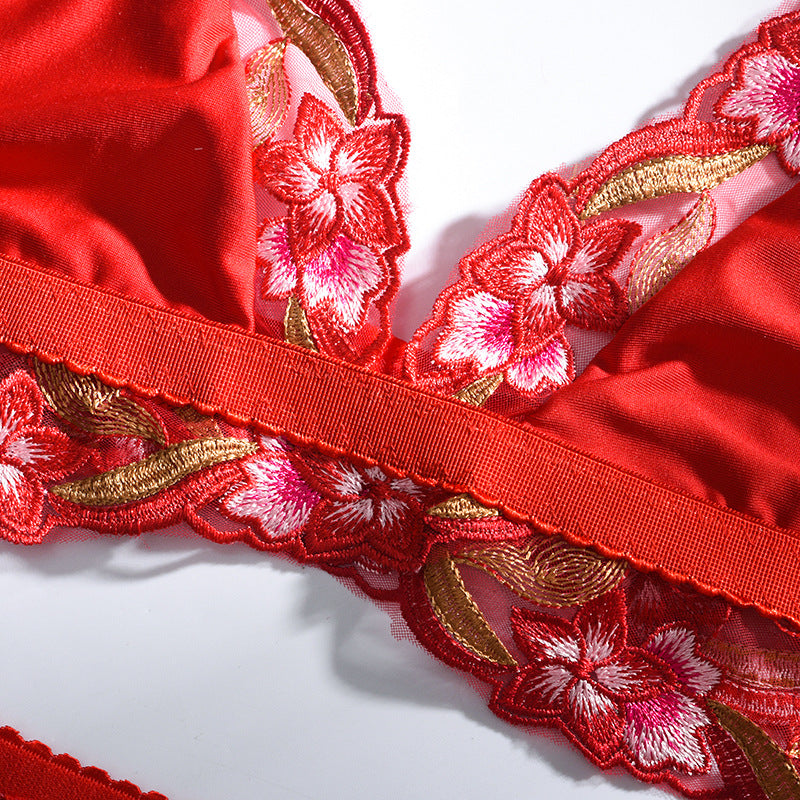 Lencería sexy roja con bordado de encaje de malla para mujer