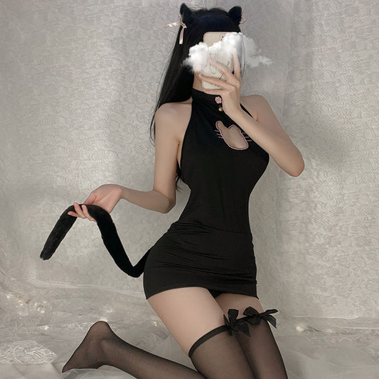 Lencería Cat Girl Conjunto de camisón delgado con exposición de senos huecos