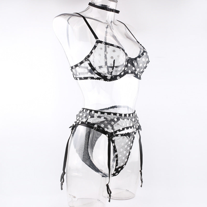 Polka Dot Lingerie Four-piece Set With Scarf Waist Bow Ultra-thin See-through Underwear