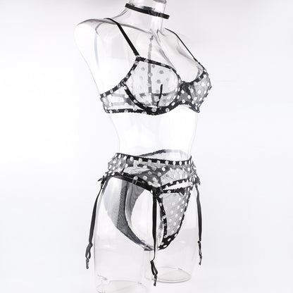 Polka Dot Lingerie Four-piece Set With Scarf Waist Bow Ultra-thin See-through Underwear