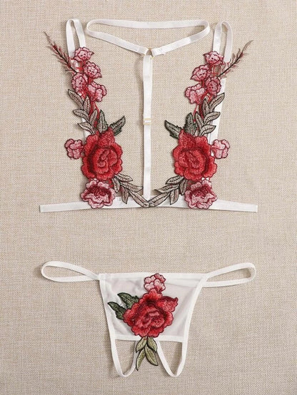 Sexy Hollow Out Cutout Breast Leakage Embroidered Bra Underwear Sexy Lingerie Two Piece Set