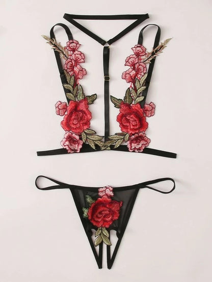 Sexy Hollow Out Cutout Breast Leakage Embroidered Bra Underwear Sexy Lingerie Two Piece Set
