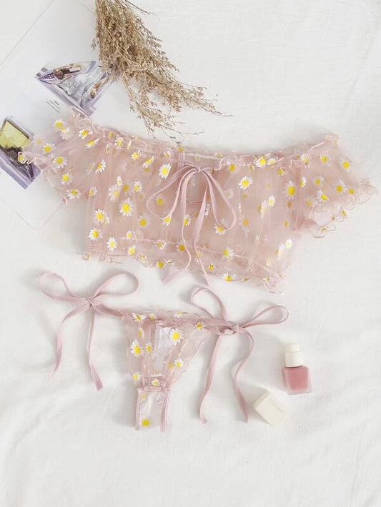 Women Bra Set Retro Ribbon without Steel Ring Lace Thin Girl Japanese Underwear Student Small Chest