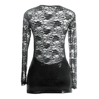 Plus Size Women Faux Leather Lace Stitching Sexy Outerwear Nightdress Club Wear Sexy Tight Dress