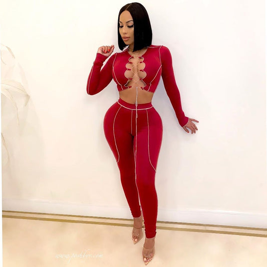 Ensemble deux pièces bandage sexy ajouré à manches longues