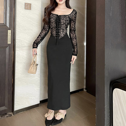 Hot Girl Temperament Slim Vest And Long Sleeve Lace Stitching Tied Dress