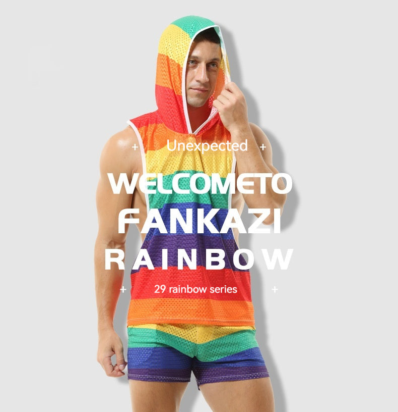 Rainbow Hooded Men's Vest V-neck Hollow Breathable Thin Sexy Sleeveless Loose I-shaped Top Without Pants