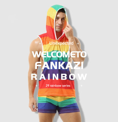 Rainbow Hooded Men's Vest V-neck Hollow Breathable Thin Sexy Sleeveless Loose I-shaped Top Without Pants