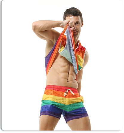 Rainbow Hooded Men's Vest V-neck Hollow Breathable Thin Sexy Sleeveless Loose I-shaped Top Without Pants