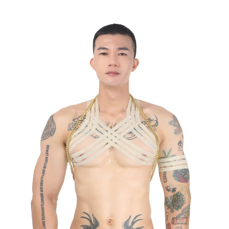 Men Body Chest Metal Chain Harness Elastic Shoulder Strap Stage Costume Clubwear Necklace