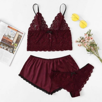 Conjunto de shorts de encaje y lencería de satén 