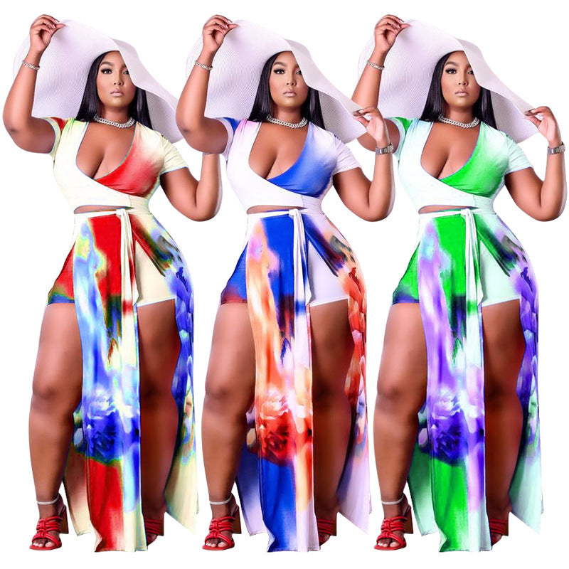 Digital Printed Sexy Loose Split Skirt Short Sleeve Two-piece Set