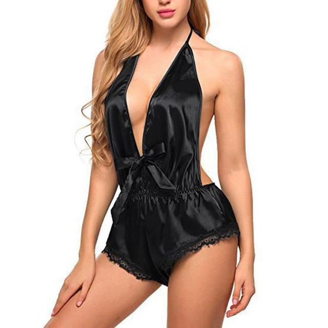 Ropa de dormir de lencería de seda satinada de encaje sexy