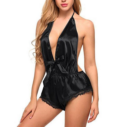 Ropa de dormir de lencería de seda satinada de encaje sexy