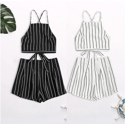 Ensemble de vacances sexy à la plage, dos nu et à bretelles rayées