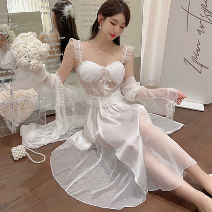 Ensemble deux pièces avec coussinet de poitrine pour femmes, chemise de nuit en soie glacée
