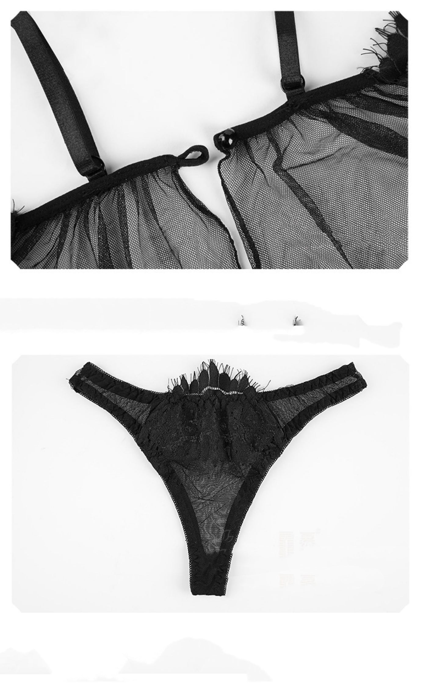 Lingerie de nuit en maille avec coutures en dentelle et cils blancs