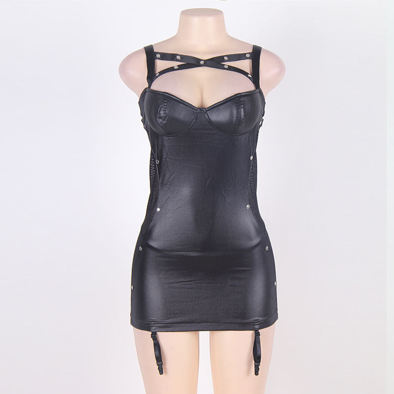 Plus Size Leather Lace Splicing Sling Sexy Club Wear Dress Sexy Lingerie