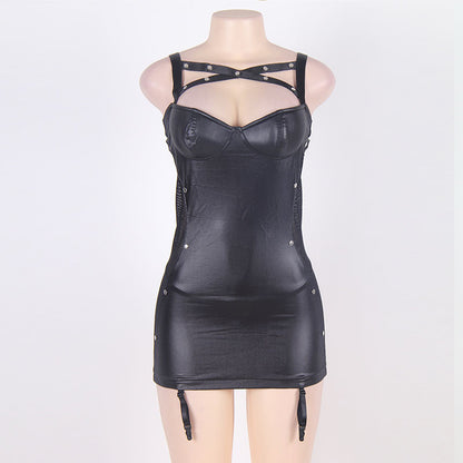 Plus Size Leather Lace Splicing Sling Sexy Club Wear Dress Sexy Lingerie