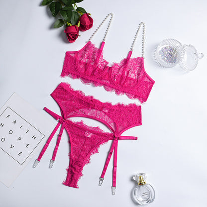 Ensemble de lingerie trois pièces en dentelle brodée et maille perlée pour femmes