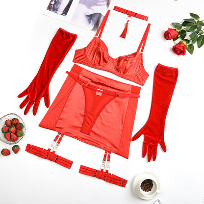Ensemble de lingerie jupe hanche en satin à col pampille