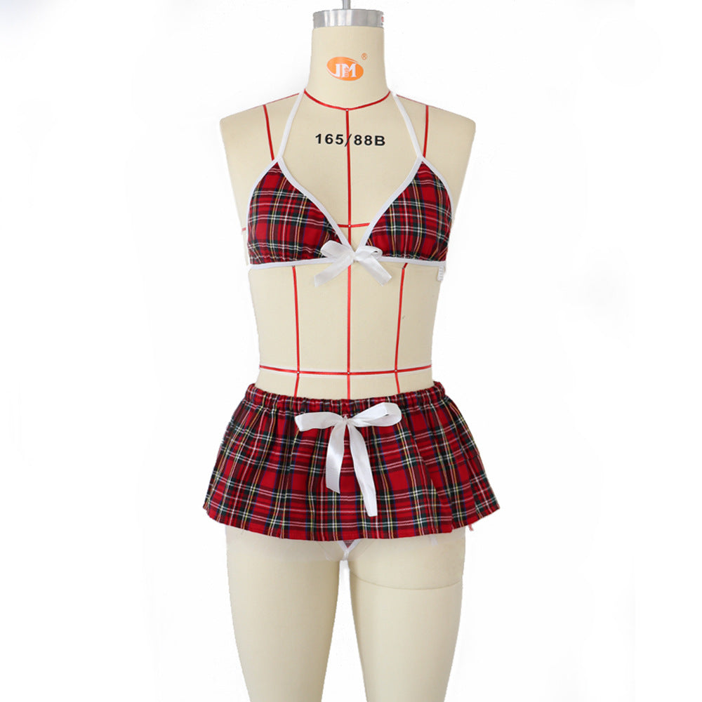 Nueva lencería sexy falda a cuadros roja traje de estudiante