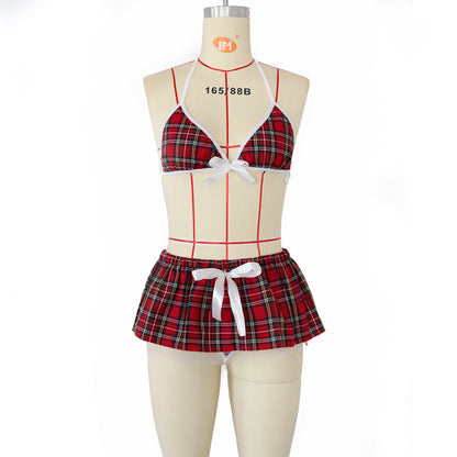 Nueva lencería sexy falda a cuadros roja traje de estudiante