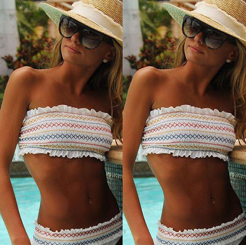 Printed White Sexy Elastic Pleated Wrapped Chest Split Swimsuit Set