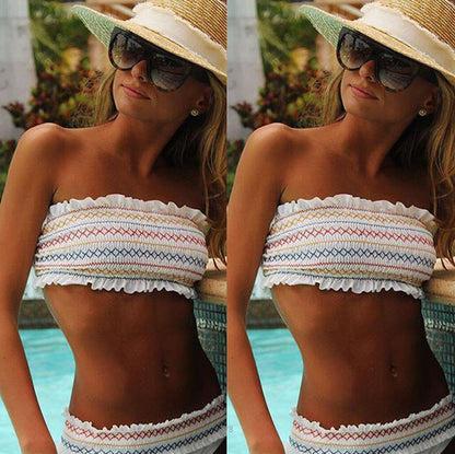 Printed White Sexy Elastic Pleated Wrapped Chest Split Swimsuit Set