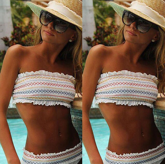 Printed White Sexy Elastic Pleated Wrapped Chest Split Swimsuit Set