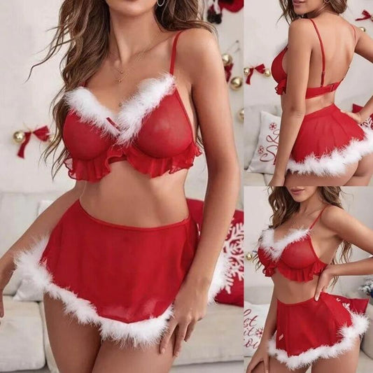 Carnaval Nouvel An Rouge Sous-Vêtements Sexy Deux pièces Fourrure Lingerie Sexy Ensemble de Reliure