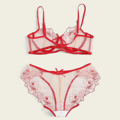 Ensemble de lingerie transparente brodée en maille pour femmes
