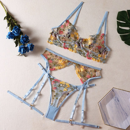 Ellolace Lingerie Sensuelle Sous-vêtements en dentelle Broderie transparente Jarretières 3 pièces