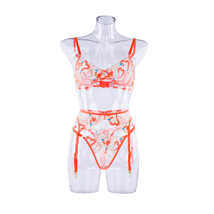 Traje dividido moldeador de cuerpo de malla bordada con tirantes de lencería