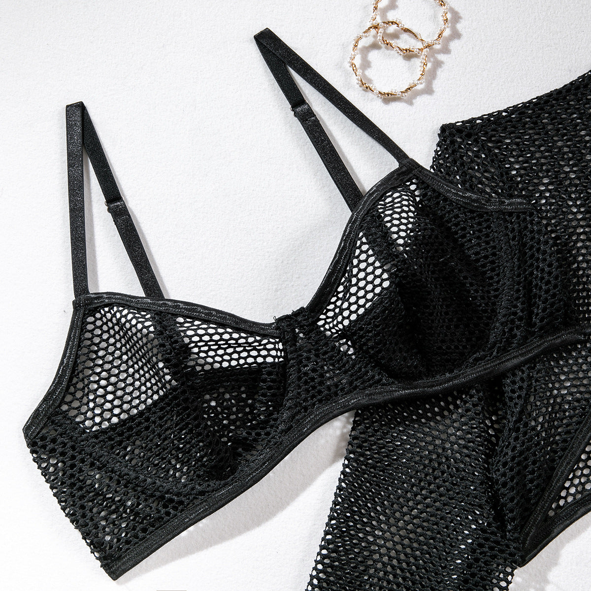 Blusa de manga larga Malla Hueca Lencería sexy Sujetador de tres piezas Chaleco corto Traje superior