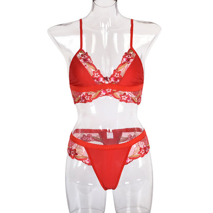 Lencería sexy roja con bordado de encaje de malla para mujer