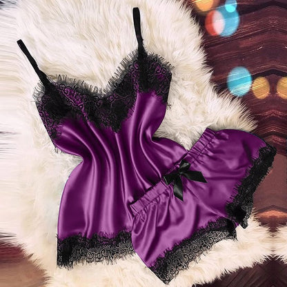 Lencería sexy para mujer, ropa de dormir, camisola, pantalones cortos con lazo, cuello en V