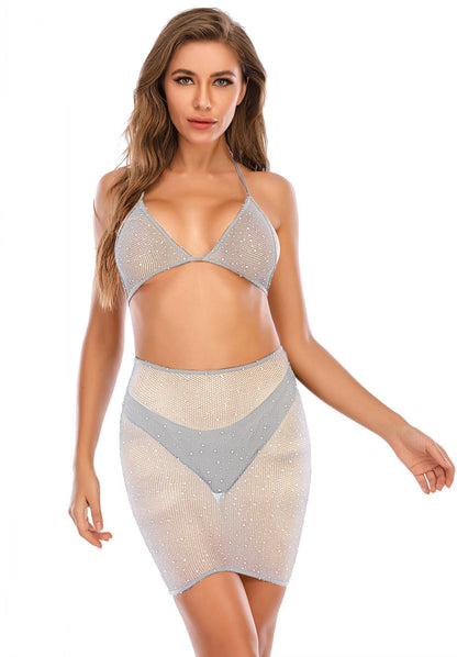 Solid Color Shiny Rhinestone Mesh Bra And Skirt Set