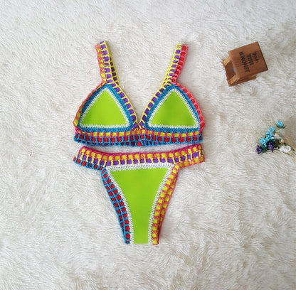 Europe And The United States Sexy Hand Crochet Colorful Bikini Set, Spell Color Rubber, Ladies Knitted Swimwear Wholesale